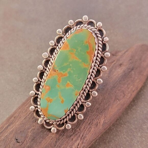 Vintage Navajo Beaded Large Oval Royston Turquoise Statement Ring - Picture 5 of 13